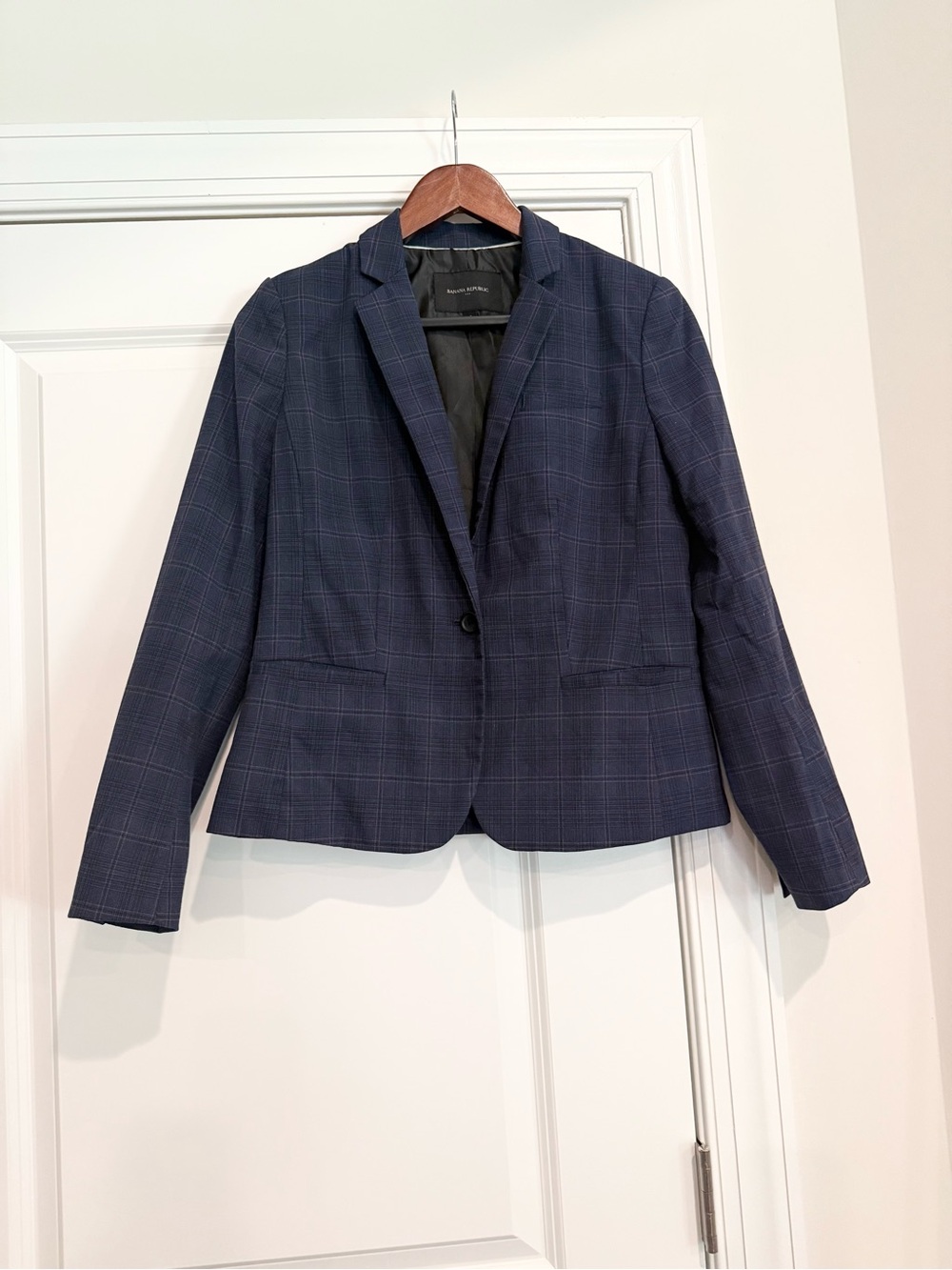 Banana Republic Navy Plaid Single-Button Blazer